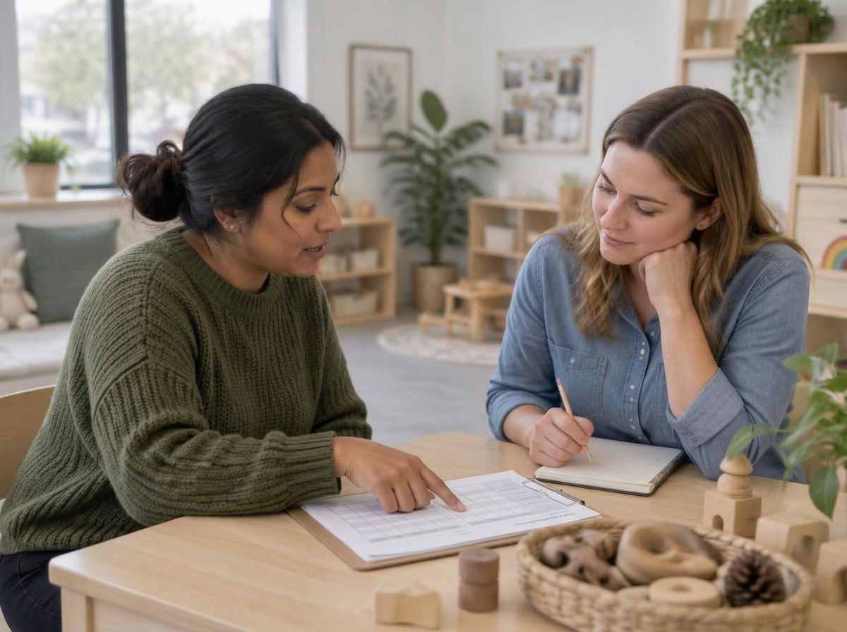 An early years coach pointing to a planning sheet on a clipboard while her colleague takes notes