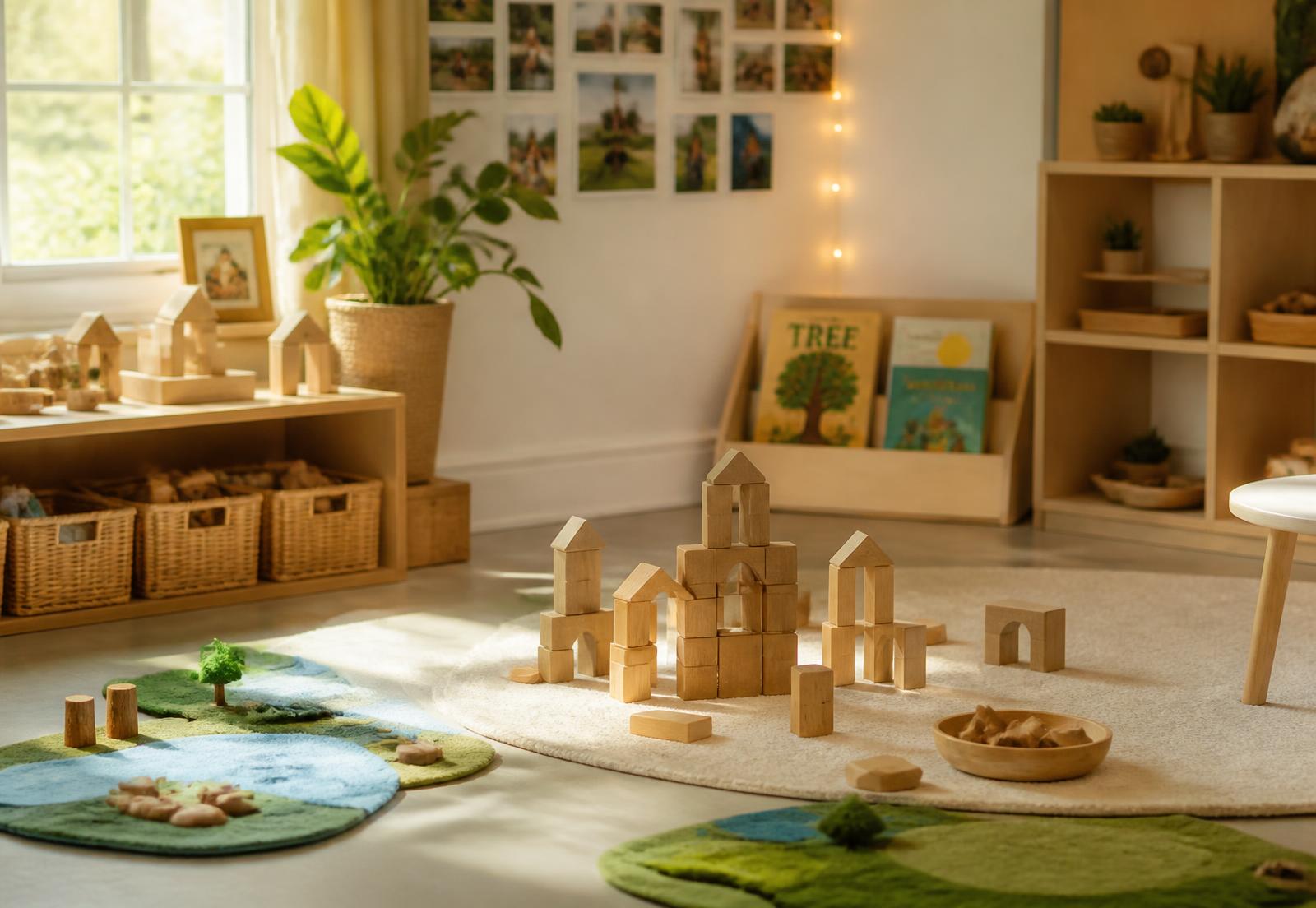 A sunlit early years classroom with wooden blocks, baskets and picture books