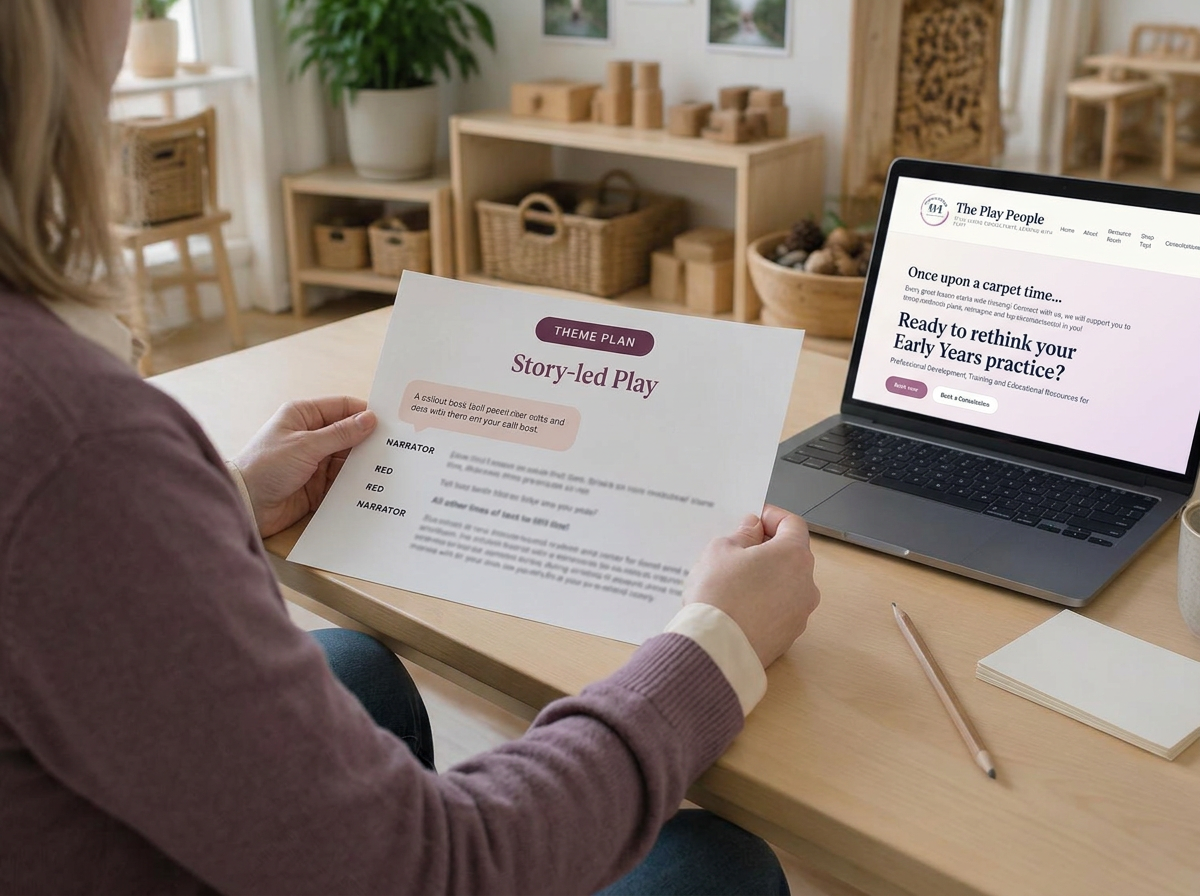 An early years practitioner holding a Play People theme plan beside a laptop showing The Play People website